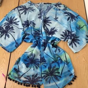 New Women’s Ocean Drive Blue Tropical Print Sheer Swimsuit Cover Up One Size